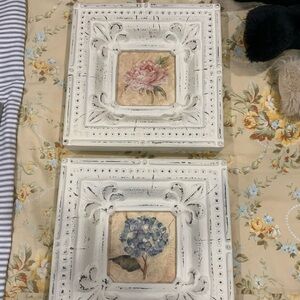 Pier 1 White Distressed Floral Square Wall Art - Pink Rose & Blue Hydrangea